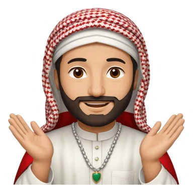 detailed iPhone-style emoji of a Saudi man in white thobe, red-and-white shemagh with black agal, short beard, brown eyes, smiling, both hands visible sticker