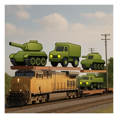 Create a highly realistic image of an ordinary cargo train transporting military equipment such as tanks and trucks, in a classic emoji style. This is variant 4. sticker