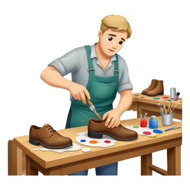 A shoemaker struggling to paint a portrait while his shoe shop is messy  sticker