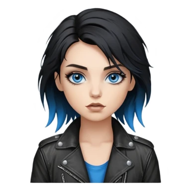 
 rockstar girl with black disheveled hair, blue eyes, Smokey eyes grunge makeup,  sticker