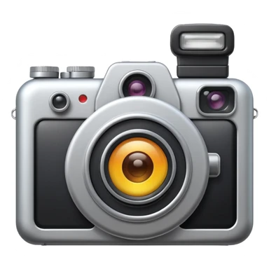 Minimal emoji icon of a modern metalic camera, front view, simple shapes, realistic lens,  sticker