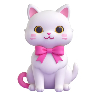 cute white cat with a pink ribbon sitting among tall green grass and white flowers, soft rounded playful appearance, inspired by reference image, 3D emoji style sticker