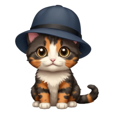 Cute mostly black tortoiseshell kitten wearing a british hat sticker
