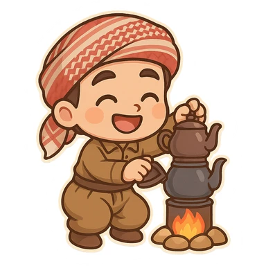 chibi cartoon sticker of a cheerful Kurdish person making tea in a traditional double teapot (کتری دوکەڵاو) on a small fire outdoors sticker
