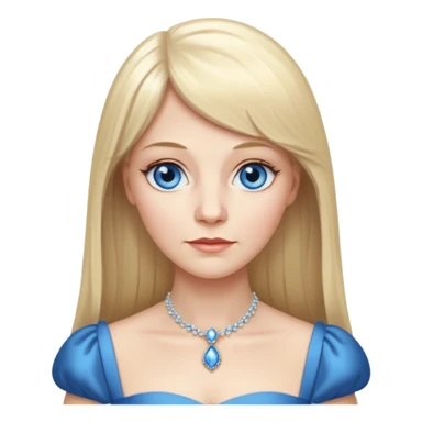 450 yr old white woman, pale skin, long straight blond hair parted in center, blue eyes, bangs, clothes for dinner sticker