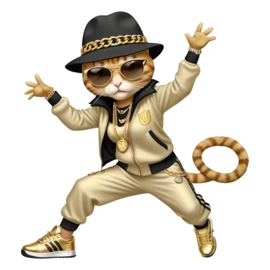 female cat in Run DMC hip-hop outfit with tracksuit, fedora, Adidas sneakers, dark sunglasses, many gold chains and bling accessories, doing a headspin break dance move sticker