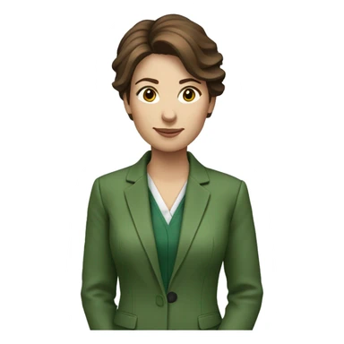 accounting woman with short brown hair and a green jacket sticker