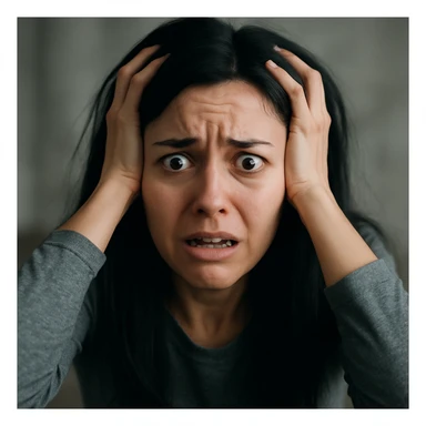 woman with long black hair, wide eyes, anxious expression, hands clutching head, mental breakdown sticker