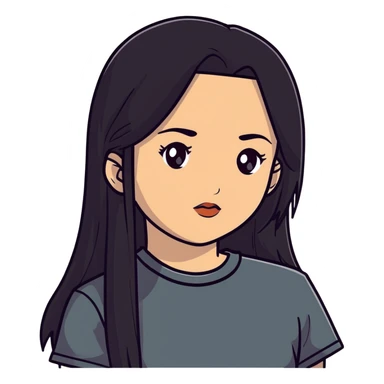 white girl, black long straight hair, brown eyes, dark eyebrows, small lips, black t-shirt sticker