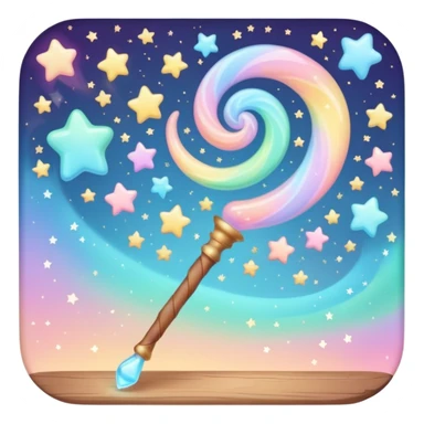 Cinematic cute magical wand, pastel swirls of color, tiny twinkling stars floating around, glowing softly, chubby rounded edges, whimsical and dreamy. sticker