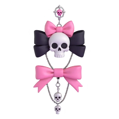 3D emoji style pink bow with gothic effect, black satin overlay, silver chain fringe, and a tiny skull brooch sticker