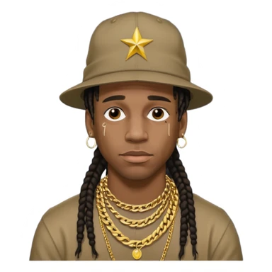 Travis Scott with gold chain necklace, wearing hat, dreadlock hair  sticker