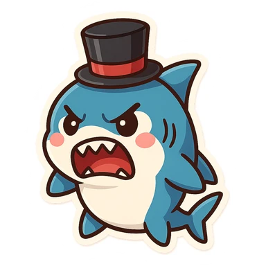 angry cartoon shark with a top hat, bold style, chibi stickers style, vibrant colors sticker