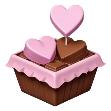Two square milk chocolate , Each praline is a sharp-edged cube with smooth glossy chocolate coating, placed in a small white fluted paper candy cup. On top of each cube is a flat pastel pink heart-shaped icing sticker