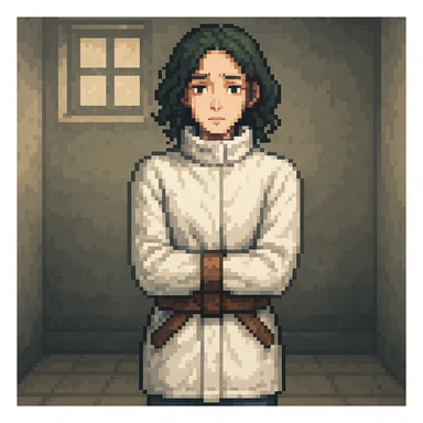 Add a simple room background to the woman in a straitjacket in pixel art style. Use the general style editor to emulate pixel art style with blocky pixels and limited color palette. sticker
