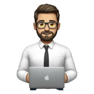 Emoji man with beard holding macbook in hands wearing transparent glasses and shirt, profession - graphic designer. Features: white skin, weight 100 kg, dark hair, age 21 years, earring in left ear sticker