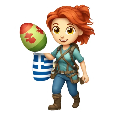Female winter mountaineer red hair climbing with Greek flag and holding Easter eggs basket sticker