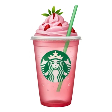 Starbucks cup filled with pastel pink beverage and floating strawberry slices, green straw sticker