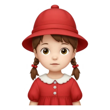 baby girl with brown hair and pigtails with a hat and red dress like My Neighbor Totoro movie sticker