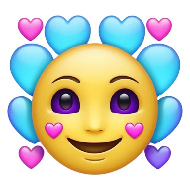 Futuristic glowing smiling face emoji with neon hearts instead of eyes, purple and blue holographic light, dark background sticker