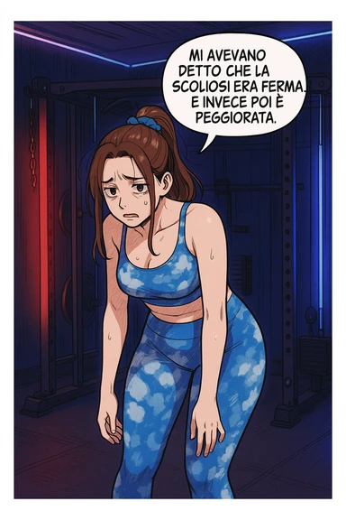 fai questa immagine in versione fumetto/manga/webtoon a colori, il manga mostra la donna disperata con un fumetto sulla testa che dice:
Mi avevano detto che la scoliosi era ferma… e invece poi è peggiorata.
 sticker