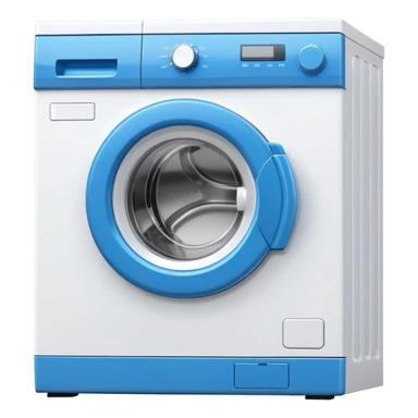 white washing machine with blue door and control panel sticker