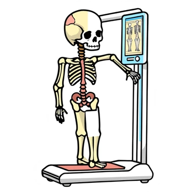 DEXA scan result showing full body composition with bones in white and tissue in different colors, medical diagnostic image sticker