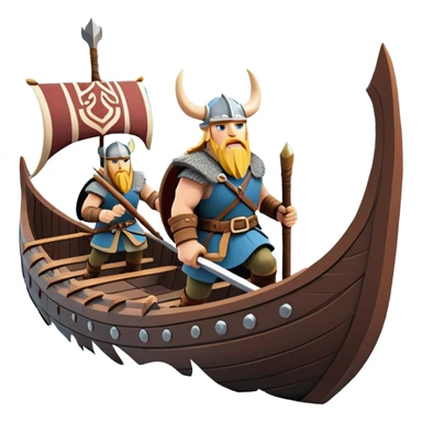 clash-of-clans-aesthetic_-cinematic-viking-longboat, rendered in a flat, bold vector style with minimal shading, featuring a striking dragon-headed prow slicing through icy, churning waters. shields on the side and vikings rowing The longboat’s intricately detailed shields and carved motifs evoke a sense of epic adventure and Nordic might, with billowing sails catching a dramatic, stormy sky backdrop. sticker