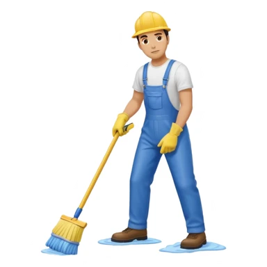 Custodian with yellow rubber gloves, white T-shirt, blue overalls, mopping floor sticker