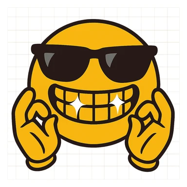 yellow emoji with sunglasses, hands up, fingers rubbing together, huge smile, sparkling grills sticker