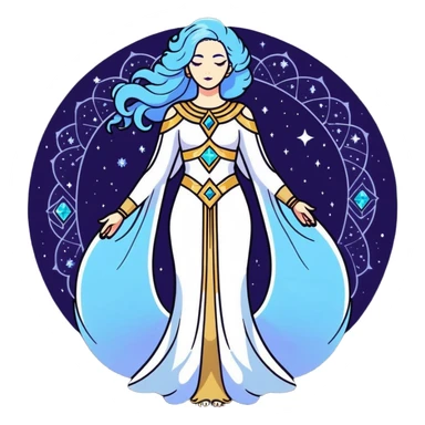 fullbody universe goddess Sophia, Ethereal Light Being, Made of starlight and fractals, Glowing white/gold skin with flowing translucent robes, Hair blue like galaxy mist, Jewelry made of stars and crystals sticker