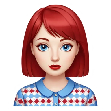 Woman in her 30s with clear white skin, oval face, large blue eyes with eyeliner, thin eyebrows, small nose, medium lips with red lipstick, dark red straight hair with bangs, wearing a red and white patterned shirt, friendly expression sticker