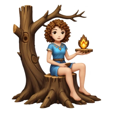 full body woman short curly brown mullet hair brown eyes white skin sitting on tree stump carving glowing rune sticker