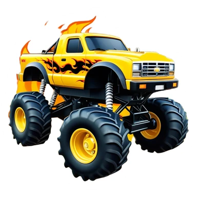 Maximum Destruction - Monster Jam (Model Year: 2021) (Iconic colour: Yellow with black flames) - A ferocious monster truck featuring a vivid yellow base accented by dramatic black flame patterns. Emphasize sharp, high-contrast flame streaks across the body, creating a look of aggressive, explosive energy. sticker