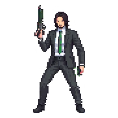 John Wick character with black suit, long dark hair, holding a gun sticker