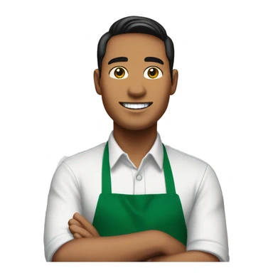 malay male starbucks barista with white t shirt and green apron, and starbucks logo in the middle of apron sticker