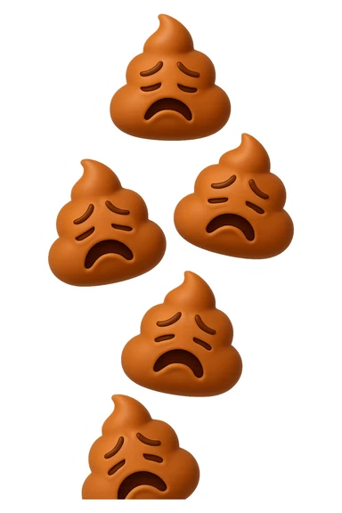 EMOJI STILE IPHONE 3D DI palline di cacca tristi che cadono dall'alto verticalmente, iperrealistico 4k sticker