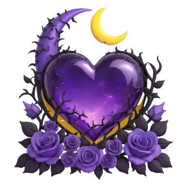 gothic heart made of purple glass with a crescent moon above the heart, black roses on each side, shimmering stardust, arcing lightning, pouring rain, jagged cracked glass texture sticker