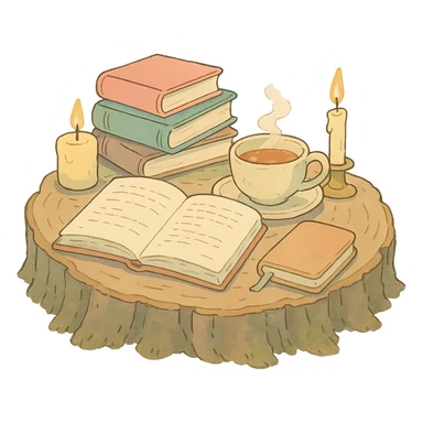 a log with tea, books, and candles, soft forest journaling mood, soft pastel colors, ghibli style sticker