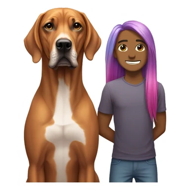 white male with long rainbow colored hair standing alongside a brown rhodesian ridgeback sticker
