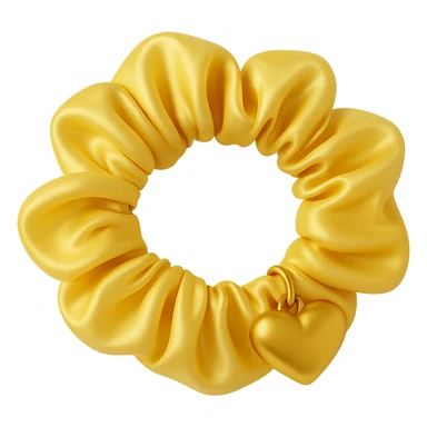 Add a small gold heart charm to the pastel yellow silky scrunchie, keep the 3D emoji style and shimmer effect. The style is 3D emoji with a shiny, smooth, and realistic look. Remove the background. sticker