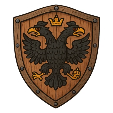 Деревянный щит 15 века с двуглавным российским орлом, рисованный стиль, немного мультящности, прозрачный фон sticker