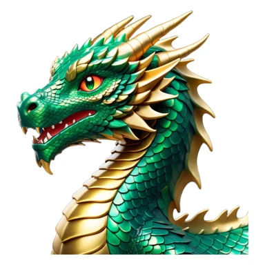 Cinematic Noble Dragon Portrait Emoji, Poised and majestic, with a sinuous, elongated body covered in intricately detailed, shimmering scales in hues of emerald and gold, and piercing, fiery eyes that reflect ancient wisdom; rendered with lifelike texture and natural highlights, high shine, intelligent and formidable, styled with an aura of mythic power, focused and attentive, soft glowing outline, capturing the essence of a legendary dragon that appears ready to soar out of the screen with timeless authority! sticker