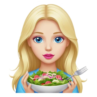 Cinematic realistic blonde with long hair, blue eyes and pink lips eats salad sticker