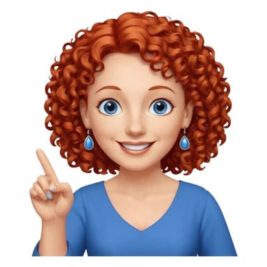 una profesora mayor simpática con el pelo rojo rizado, ojos azules, vestido azul y pendientes azules hablando sonriendo feliz indicando con un dedo sticker