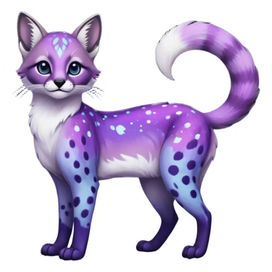 Colorful black-violet-indigo-purple-gradients nebulae nebula starry galactical shiny white-stars-spotted glorious iridescent divine exotic cute cool beautiful realistic antasy-caracal-civet-genet-sergal-vernid-Cacomistle-Trico-oncilla-animal-Fakémon-hybrid-fursona (full body) sticker