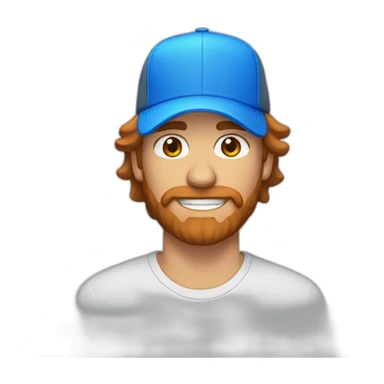 Brown hair man with mullet and orange beard wearing a blue trucker hat sticker