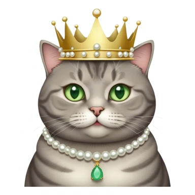 A cute, chubby, fluffy, cool grey tabby cat with green eyes, white tummy, a simple pearl necklace and crown sticker