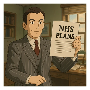 A 1930s man wearing a grey pinstripe suite holding up an official document with the words 'NHS Plans' with an office background sticker
