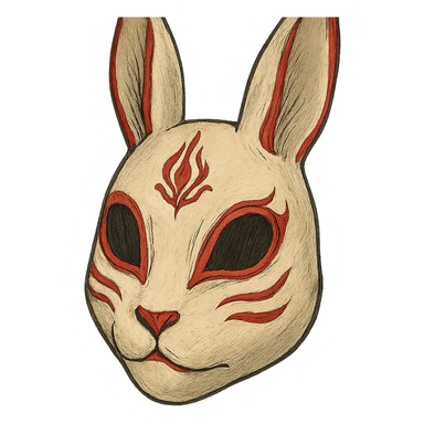 ghibli style evil white rabbit mask with red accents, intricate details sticker